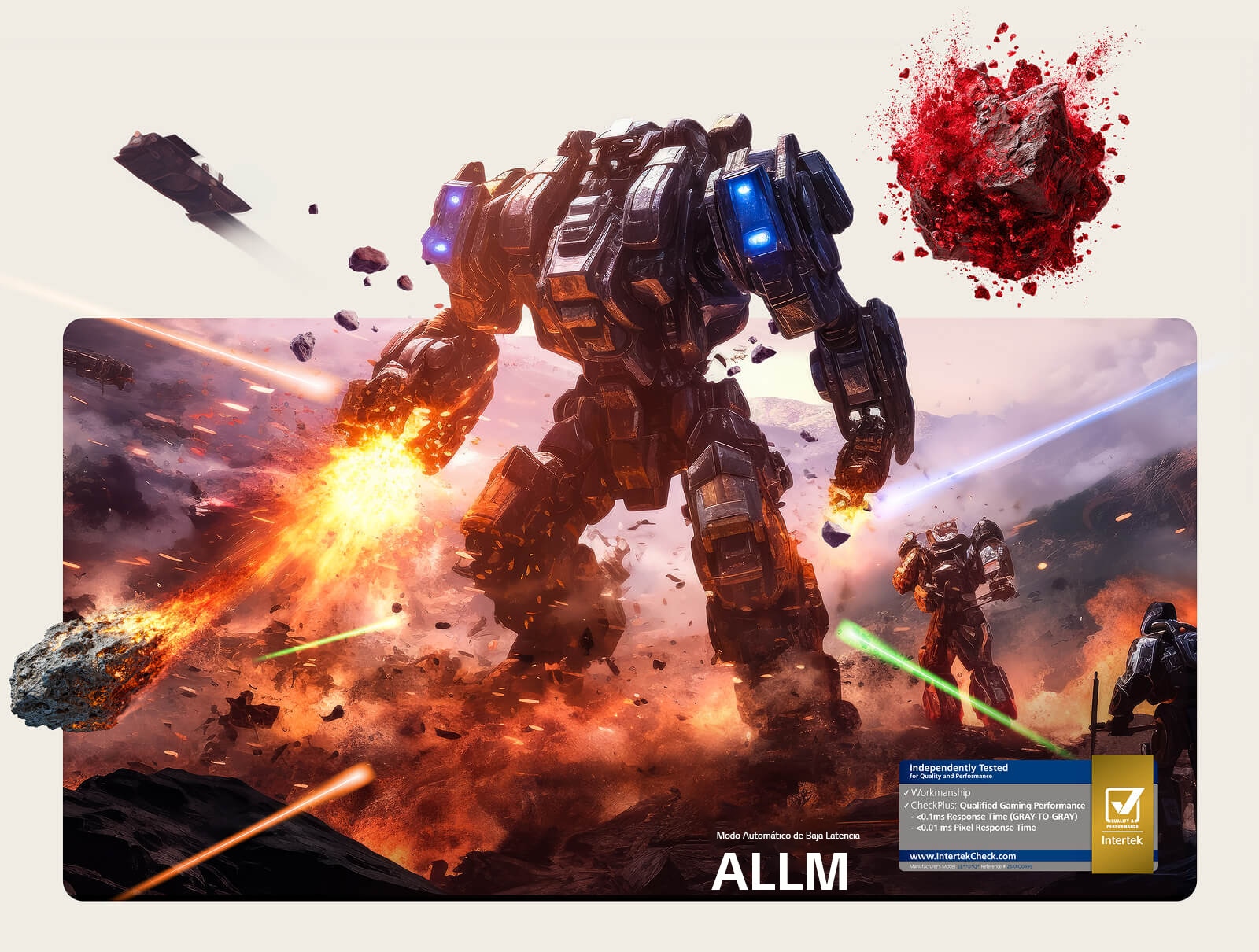 La LG OLED evo AI G6, con un bajo desfase de entrada, muestra una intensa escena de juego con un imponente robot de combate en medio de explosiones, con texto en pantalla que hace referencia al modo de baja latencia automática (ALLM) y al rendimiento de juego certificado por Intertek.